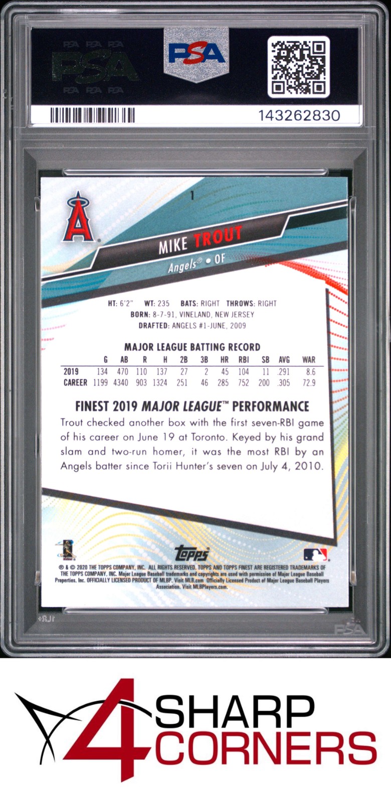 2020 FINEST #1 MIKE TROUT ANGELS PSA 10 view 2