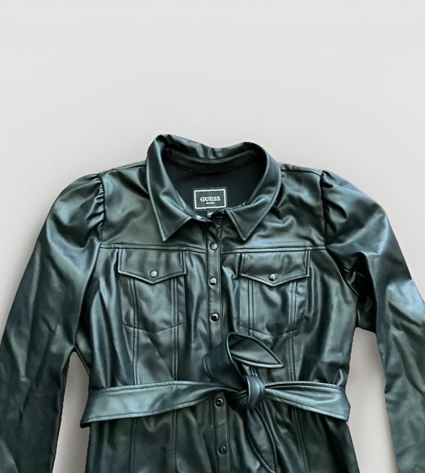 Guess Faux Leather Long Sleeve Belted Dress XL Puff Sleeves - Image 2 of 4