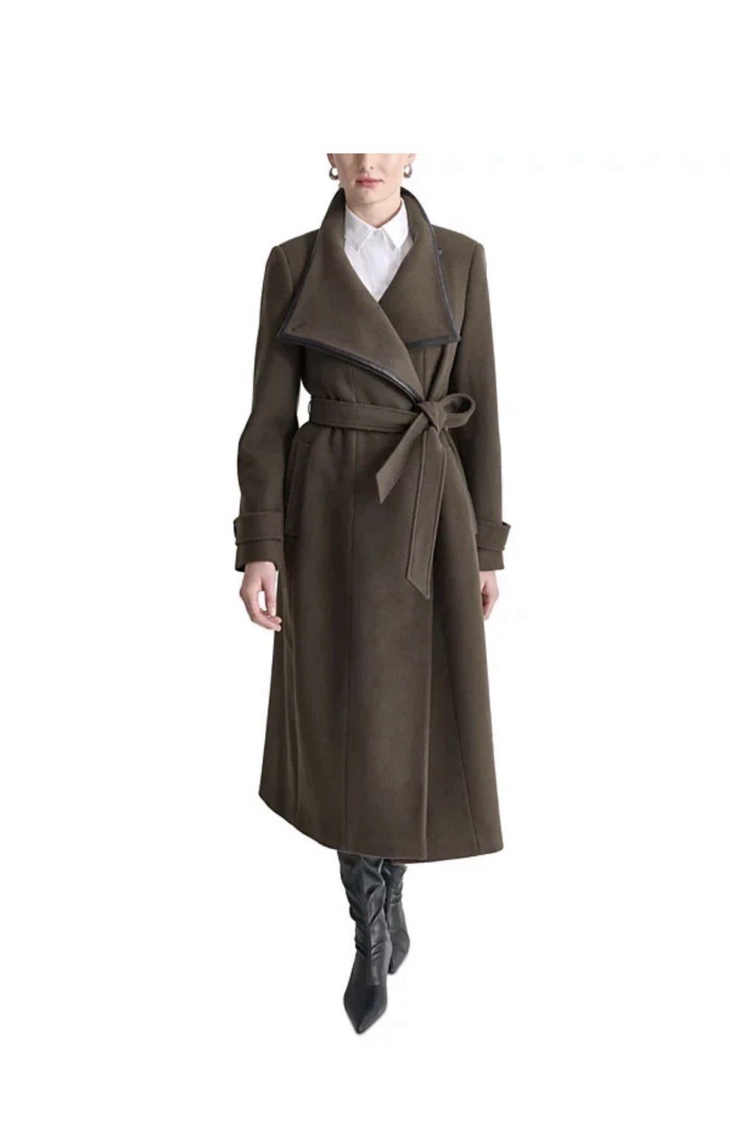 DKNY Women’s XL Loden Chocolate Brown & Leather Trim Wool Blend Wrap Coat NWT