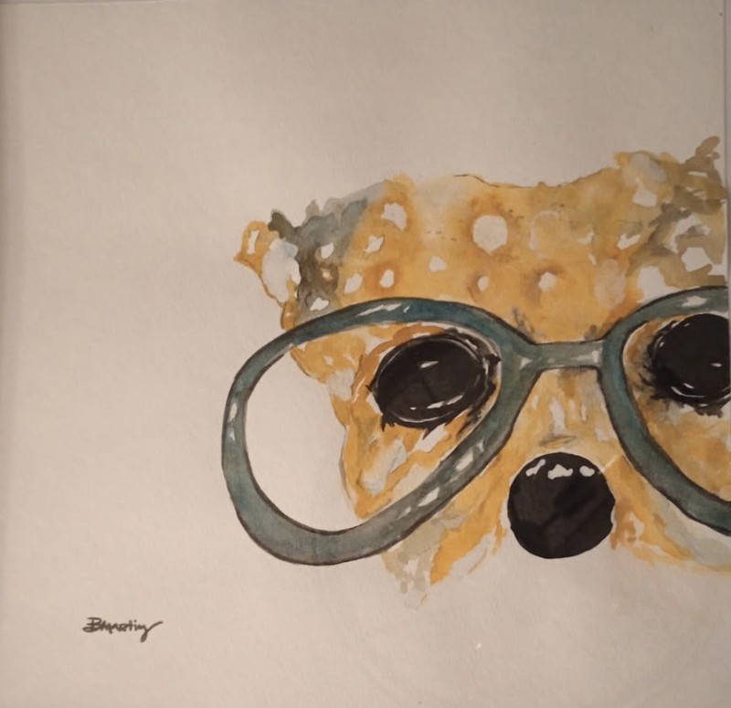 Original watercolor Art of Dog with glasses Single Piece Signed by BMartinez