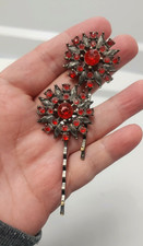 hair pins red rhinestone floral vintage