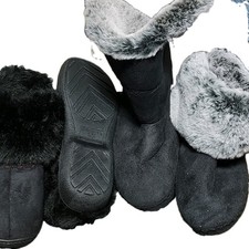 Isotoner Women s Bootie Slippers Slip-On Faux Fur Lined Trim Black Gray 7.5