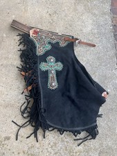 Showman Suede Leather Chaps W/ Fringe  Cross Detail Size Medium