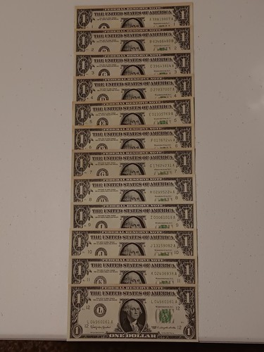 12- 1963 $1 Green Seal Federal Reserve Notes- A-L Blocks, 1-12 Full Set