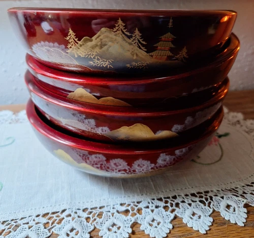 Red Lacquered Wooden Bowls Vintage Made in Japan Set of 4