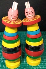Lof Of 2 Brio 8.5" Wooden Circus Clown Red  Yellow Stacking Toy Sweden Vintage