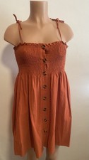 Romwe Womens L Burnt Orange Smocked Dress Button Front Adjustable Tie Straps