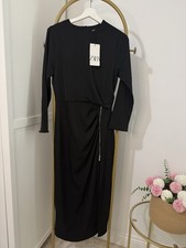 Zara Black Midi Dress Size M Draped Long Sleeves With Front Slit Zip Detail