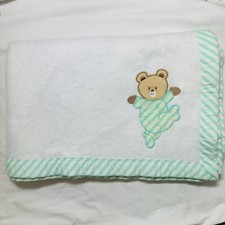 Vintage Cuddle Time Baby Blanket Teddy Bear Romper White Aqua Stripes 34" x 44"