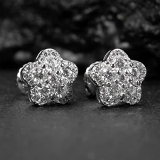 Flower Cluster Star White Gold Sterling Silver Hip Hop Screw Back Earrings