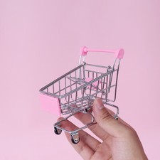 Mini carrito de compras rosa miniatura para casa de muñecas escala 1/12 supermercado carro trolley