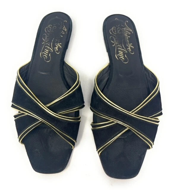 Alejandro Ingelmo Black Metallic Gold Suede Leather Slip On Slides Womens 40 EU — 第 2/4 张图片