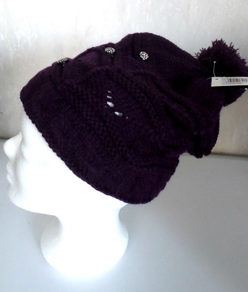 Warme WintermüTze StrickmüTze Mit Bommel PudelmüTze Gil Dunkellila Neu-image