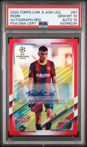 2020-21 Topps Chrome Steve Aoki UEFA Pedri RC Rookie Auto Red 1/5 PSA 10/10