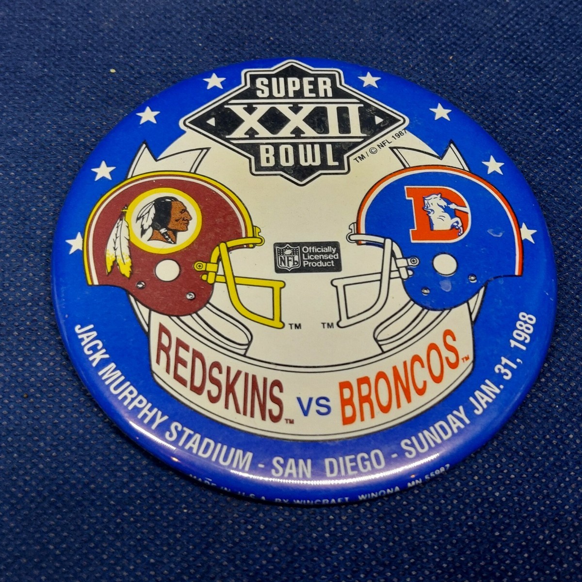 Vintage 1988 Super Bowl XXII Button/Pin Redskins vs. Broncos in