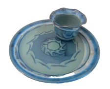 Studio Pottery Chip and Dip Handmade Cup Plate 8" Diameter Blue Artist Signed