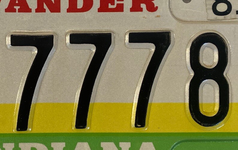 TRIPLE DIGIT 7 license plate 777 repeating 2777 number 7778 IN