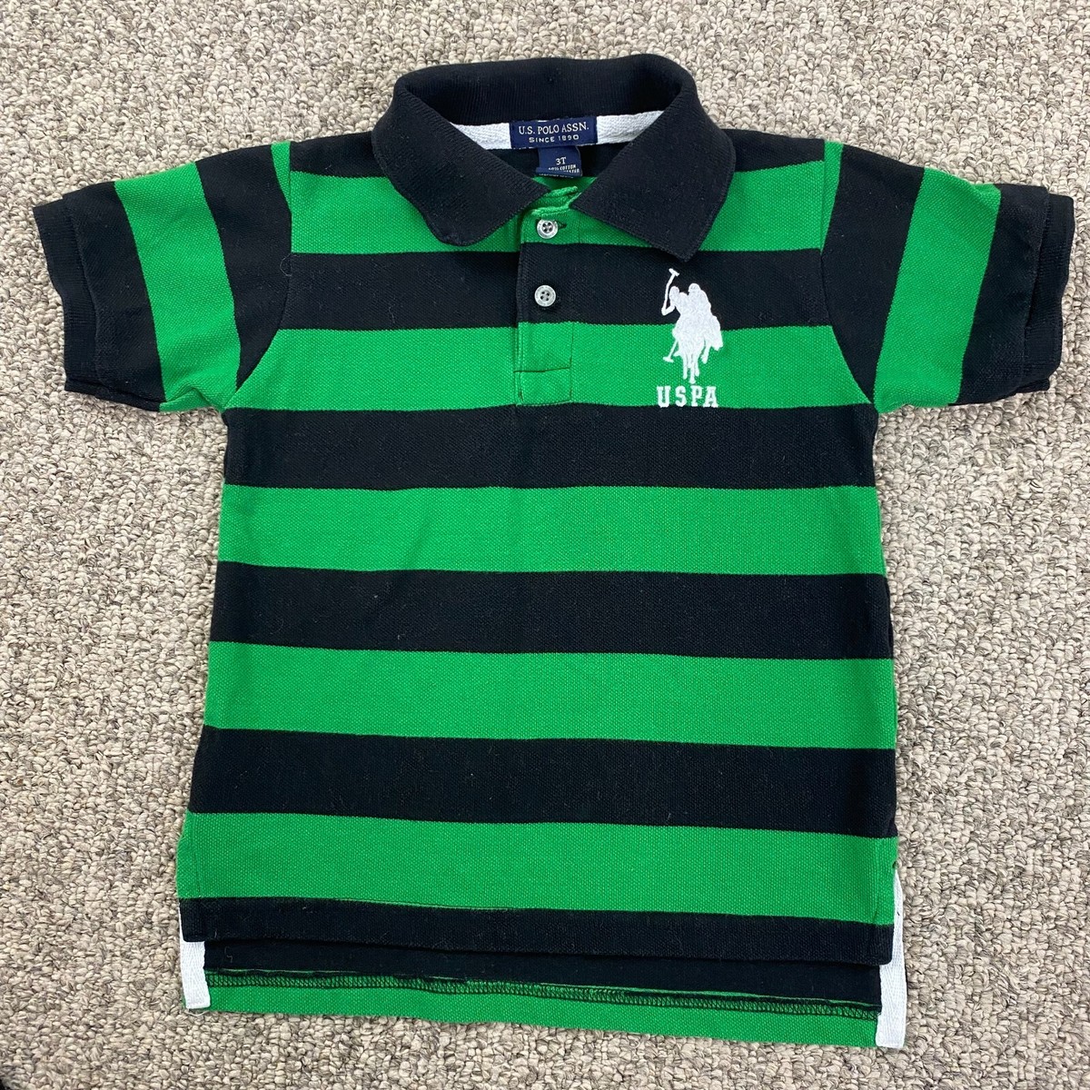 US Polo Assn Polo Shirt Cotton Blend Green Black Striped Boys Size