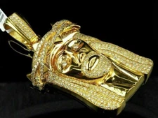 Men's 10K Yellow Gold Over Jesus Face Piece Diamond Charm Pendant 3.00 Ct 2"