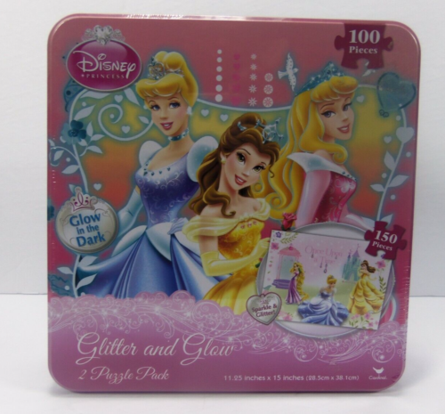 Disney Princess Glitter And Glow In The Dark Puzzles In Trapezoid Tin - Picture 1 of 3