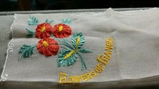 Vintage Ladies handkerchief embroidered with flowers and words Flowers of France