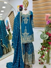 New Launch Heavy Chinnon Fabric Blue Palazzo Suit With Dupatta For Festival Wear