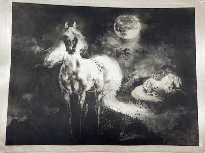 Pál Csergezán Print Horses Moon Nocturnal Silky Fabric 1967 Hungarian 1924-1996