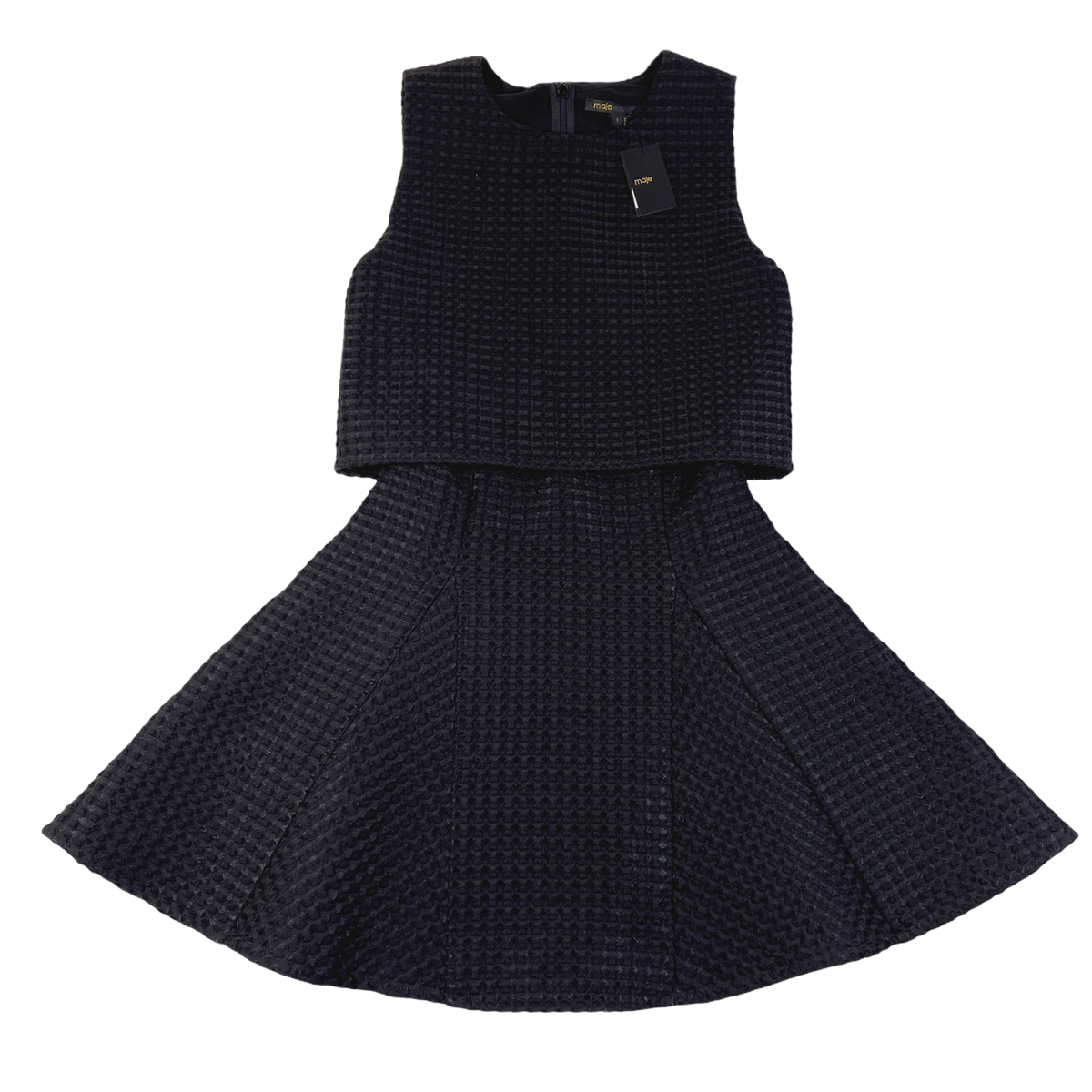 NEW Maje Double Layered Dress Womens 1 Black Waffle Knit Textured Flared | eBay NEW Maje Double Layered Dress Womens 1 Black Waffle Knit Textured Flared | eBay
