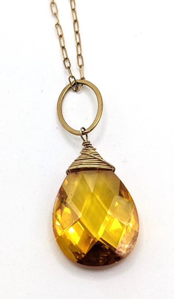 Collar Cristal Citrino Oro 14K Lleno Lágrima Ámbar Larga Delicada Cadena Foto 2 de 4