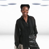 Ex Jd Williams Women's Long Sleeve Lace Trim Chiffon Shirt in Black
