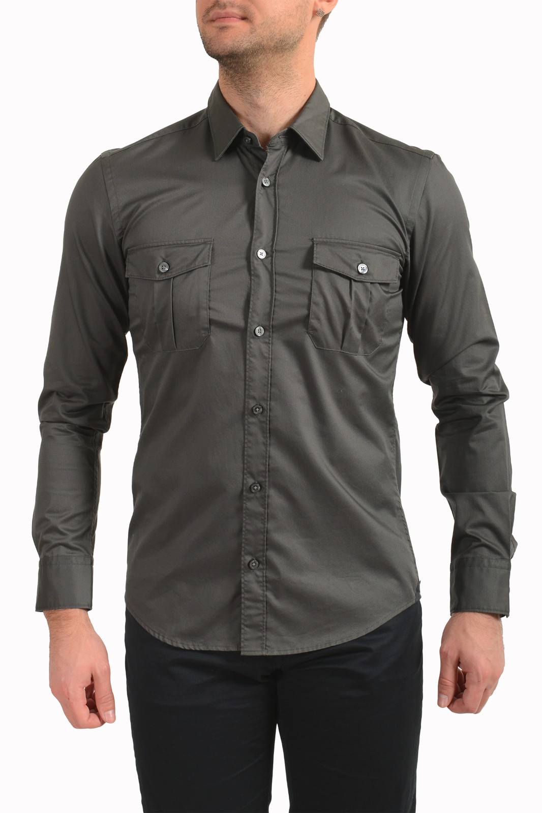 Мужская повседневная рубашка Hugo Boss Ramsey_35 серого цвета приталенного кроя с длинным рукавом US M IT 50