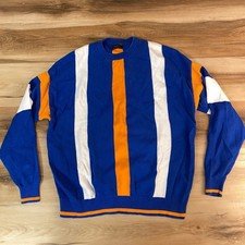 ZARA Sweater Men Medium Bold Stripe Crew Neck Sweater Blue Orange White