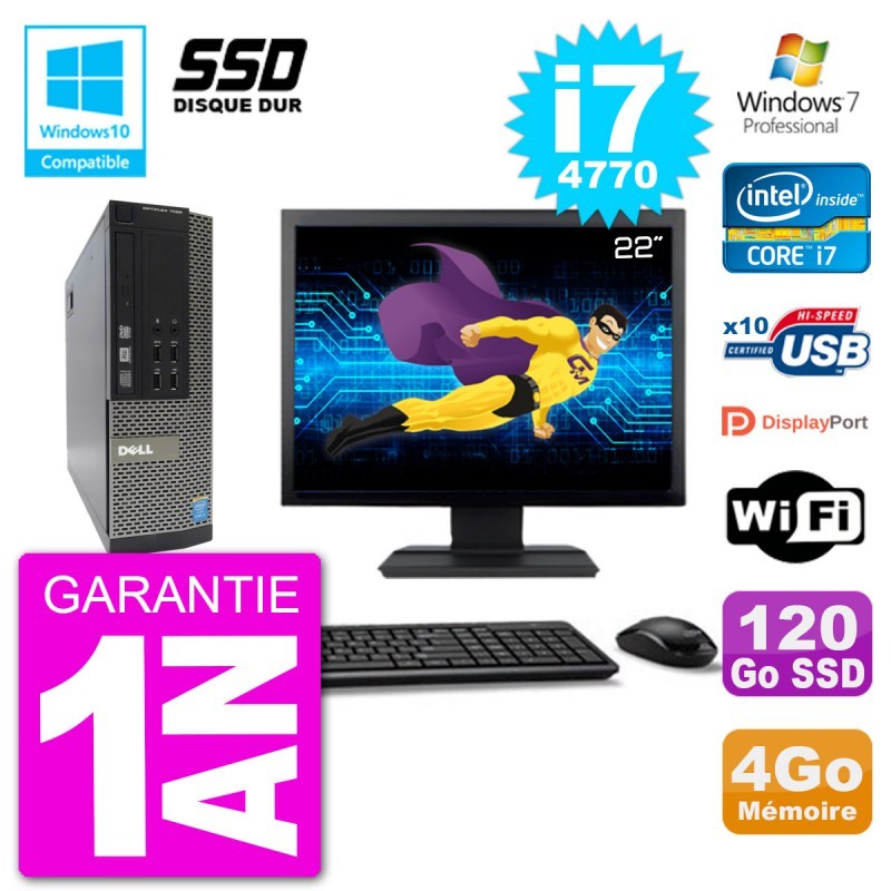 PC Dell 7020 SFF Ecran 22" Intel i7-4770 RAM 4Go SSD 120Go Graveur DVD Wifi W7