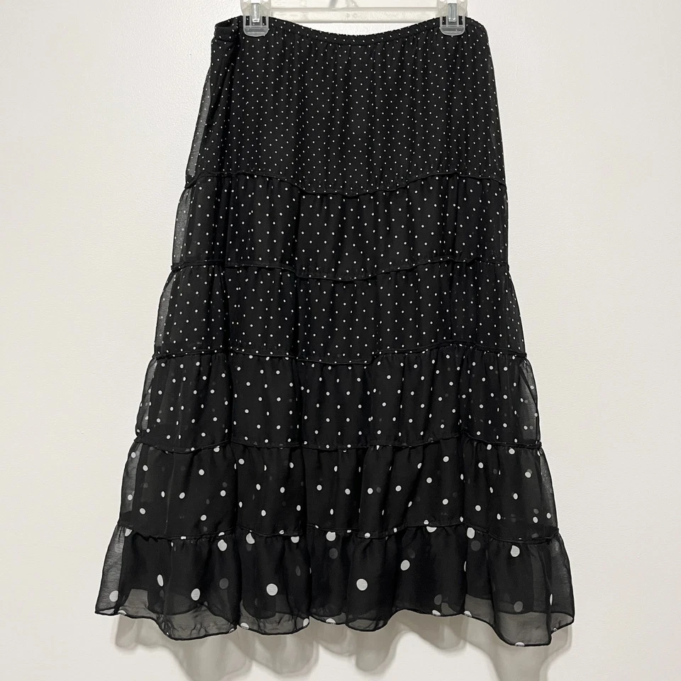 Christopher & Banks Womens Tiered Midi Skirt Sz L Black Polka Dot Romantic Goth - Image 2 of 4