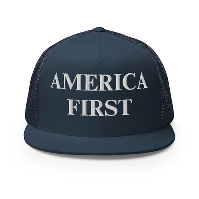 America First Embroidered Yupoong 6006 Flat Brim Trucker Cap Hat NJF