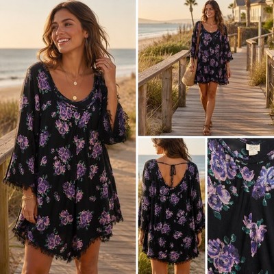 Some Days Lovin Womens Floral Mini Dress Black Purple Boho Handkerchief Hem M