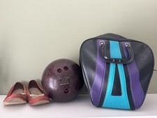 Vintage Bowling Set Brunswick Bag Ebonite Ball  Brunswick Leather Shoes W7.5