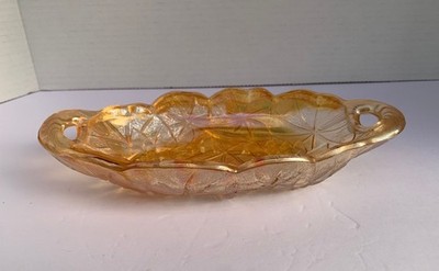 1970s Marigold Oval Glass Pickle Dish Handles Amber Indiana Glass, Lily Pons Pat