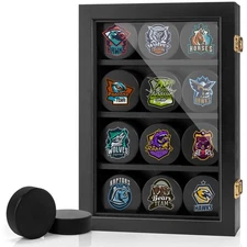Hockey Display Case - 12 Pucks Holder Cabinet Stand Shadow Box for Wall Mount...