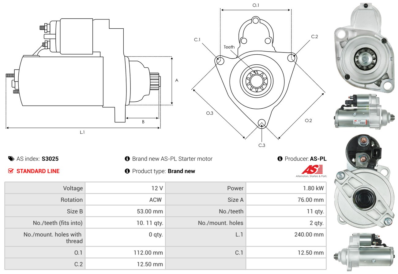 Fits AS ROZRUSZNIKI I ALTERNATORY S3025 BRAND NEW AS-PL STARTER MOTOR