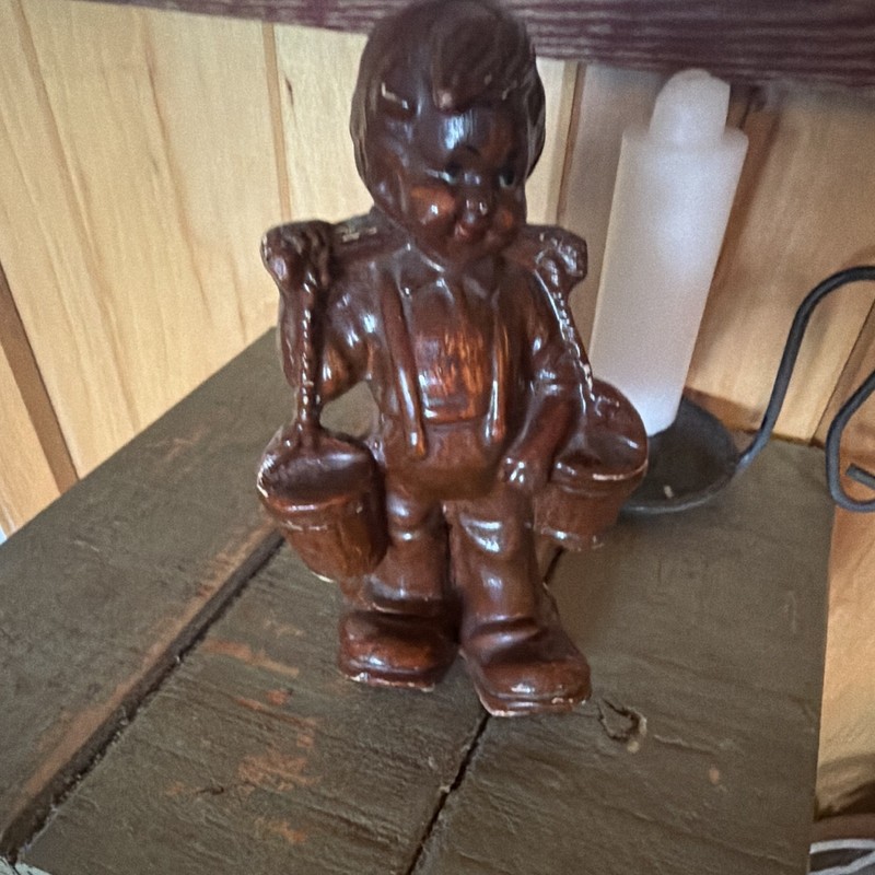 Brown Glossy Ceramic Boy Figurine Carrying Two Buckets, People Theme, 1 Pack