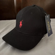 POLO Ralph Lauren Men's Cotton Adjust Dad Hat Baseball Cap Black w/ Red Pony