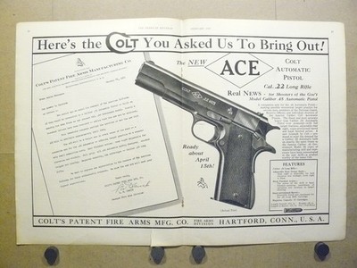 1931 Colt Ace .22 Automatic Pistol Centerfold Ad 1911 Frame Target Shooting