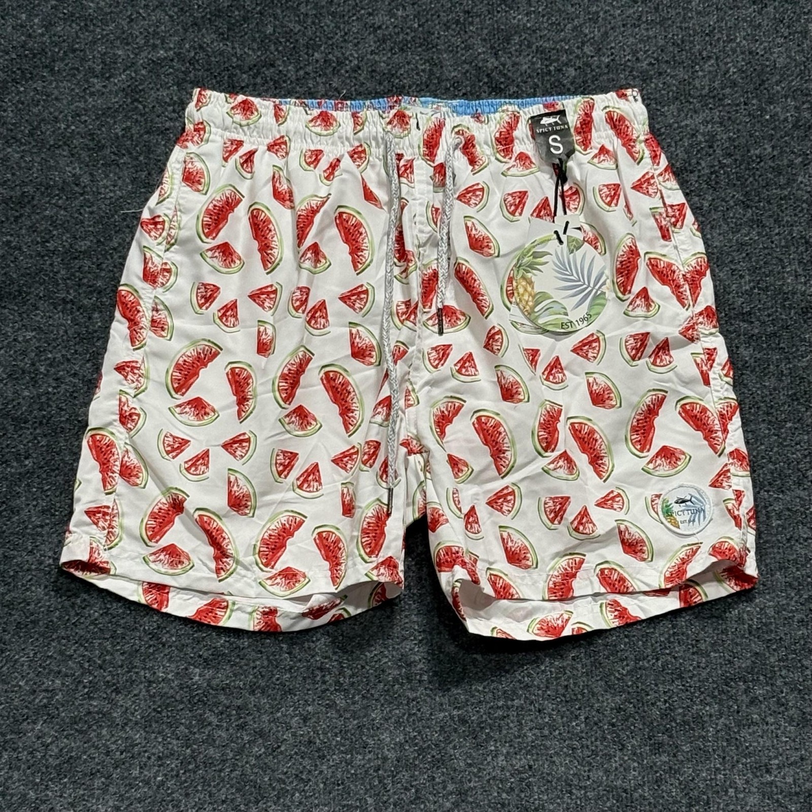 Pantalones cortos de natación Spicy Tuna para hombre pequeños con estampado de sandía forrados de malla de secado rápido