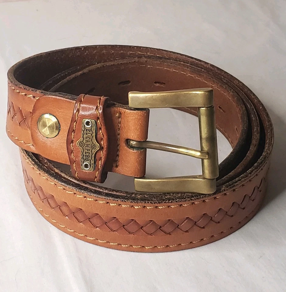 Cintura uomo El Campero pelle vintage tessuto cuciture vita 41-46" Made in Italy - Immagine 2 di 4