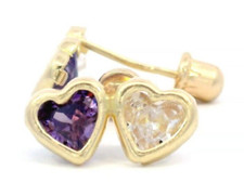 14k Yellow Gold Two Hearts CZ Screw Back Earrings Gift Mom