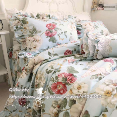 European Garden Pastoral Style Flounced Cotton Bedding Set Cotton 4pcs Bed Skirt