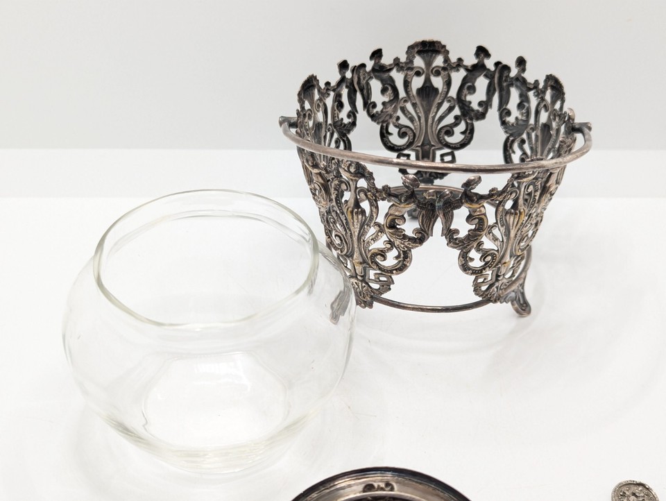 Ornate Silver Plate Sugar Bowl / Condiment Pot with Spoon, European