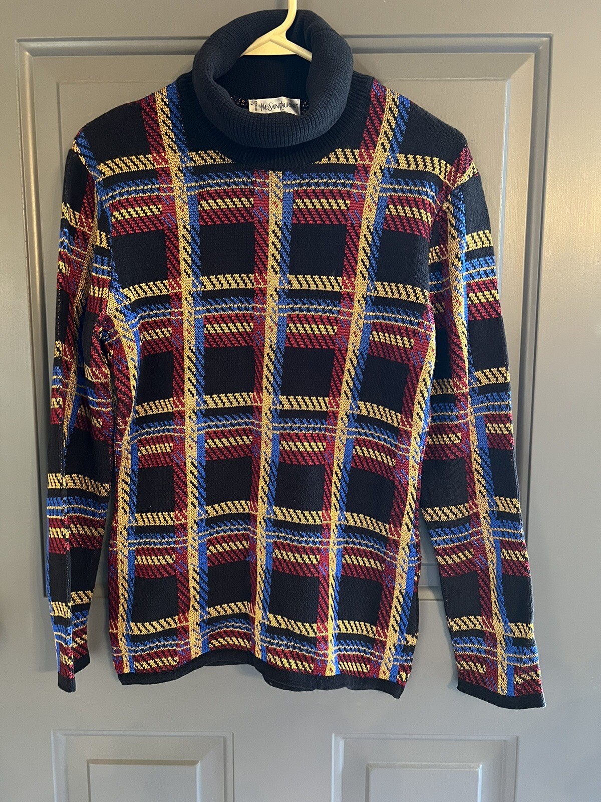 Maglione Yves Saint Laurent variante anni 90 vintage girocollo a quadri S M Y2K YSL