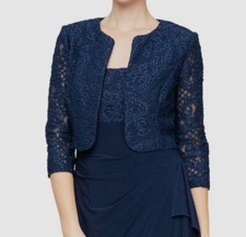 Alex Evenings Women Blue Lace Half-Sleeve Open-Front Bolero Jacket Size 10
